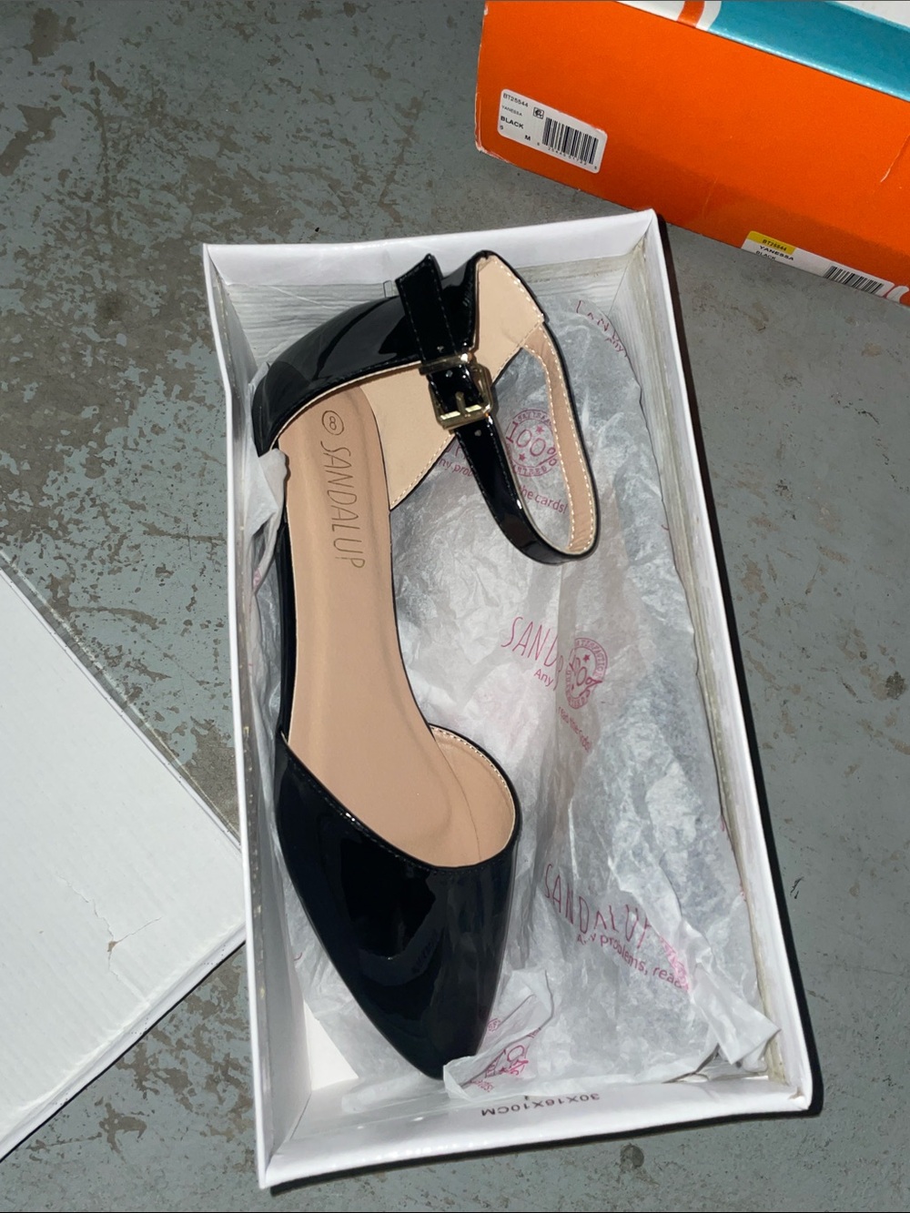 Women's Black Patent Pointed D'Orsay Flats with Ankle Strap by Sandalup